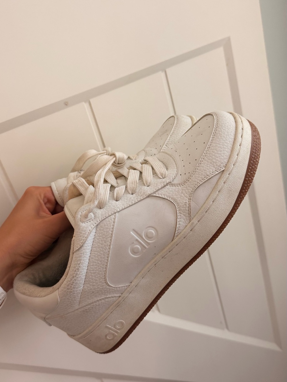 ALO Yoga Women's Off-White Sneaker with Brown Sole